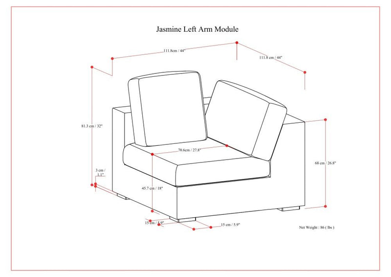 Jasmine - Left Arm Sofa Module - Gray