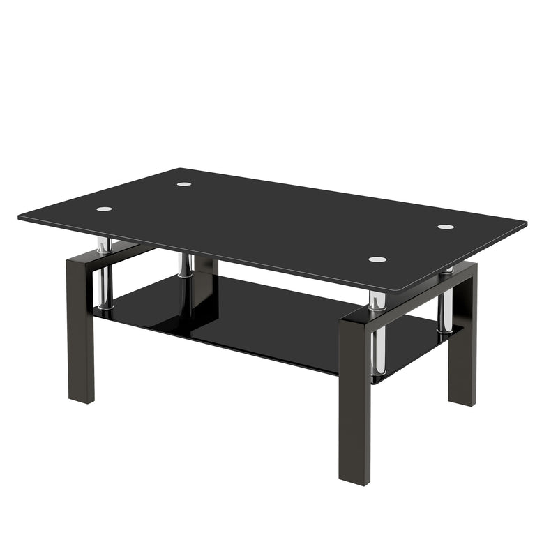 Tempered Glass Coffee Table, 2 Layer Storage Tea Table - Black