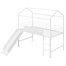 Metal House Bed With Slide, Twin Size Metal Loft Bed with Two-sided writable Wooden Board (White )