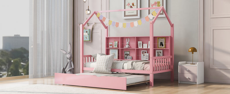 Wooden Twin Size House Bed with Trundle,Kids Bed with Shelf,Pink