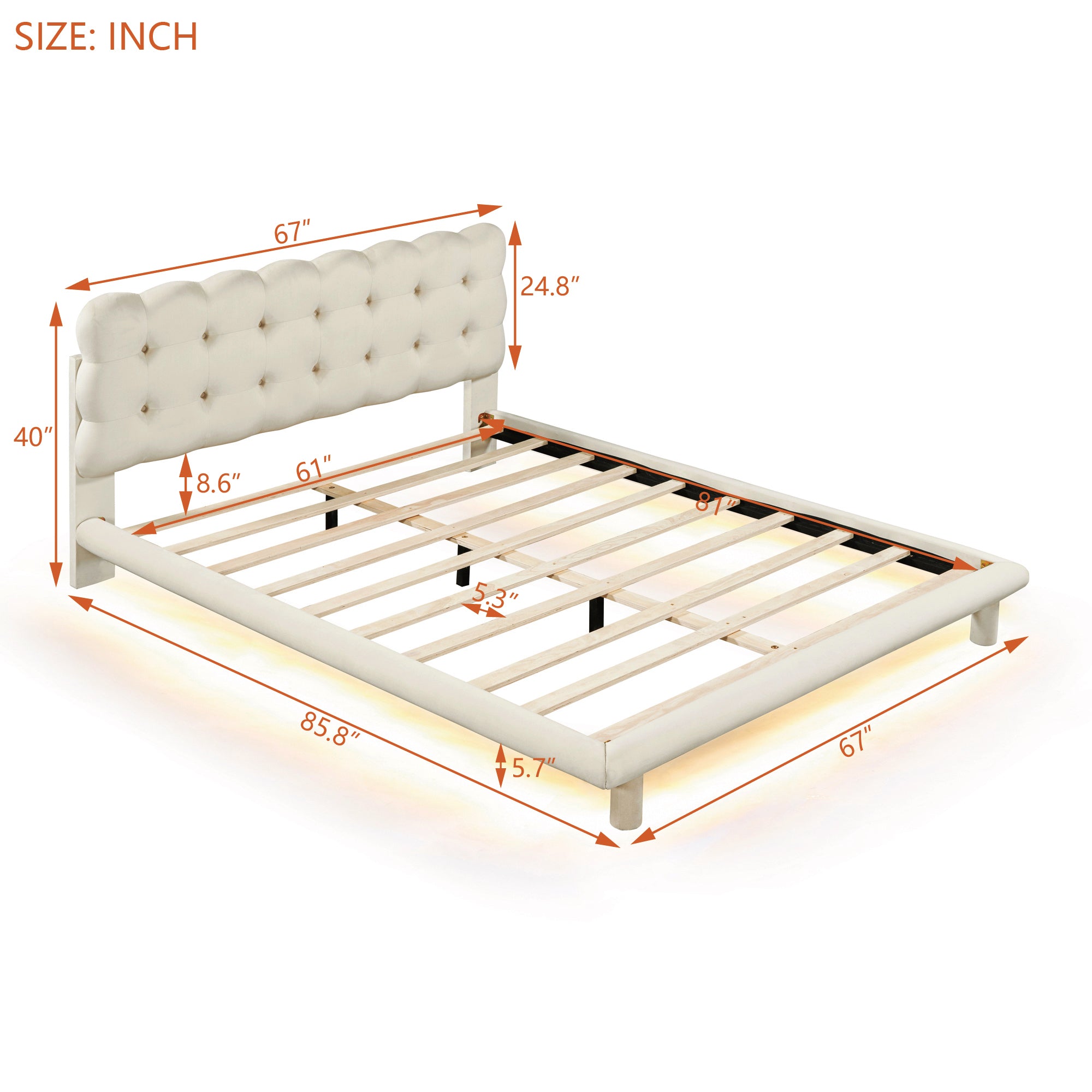 Queen Size Velvet Platform Bed with LED Frame, Thick & Soft Fabric and Button-tufted Design Headboard, Beige - Atlantic Fine Furniture Melbourne FL