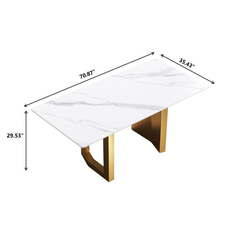 70.87" Modern Artificial Stone Straight Edge Golden Metal Leg Dining Table, Can Accommodate 6-8 People - White / Gold