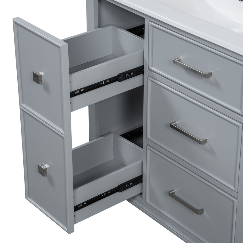 Bathroom Vanity With Ceramic Sink, Flip Out Drawer Design For Plumbing, Soft Close Drawers