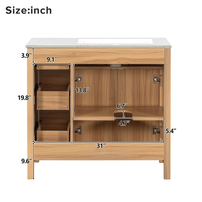 Bathroom Vanity, 2 Soft Close Doors, 3 Soft Close Drawers, Adjustable Shelf - Wood
