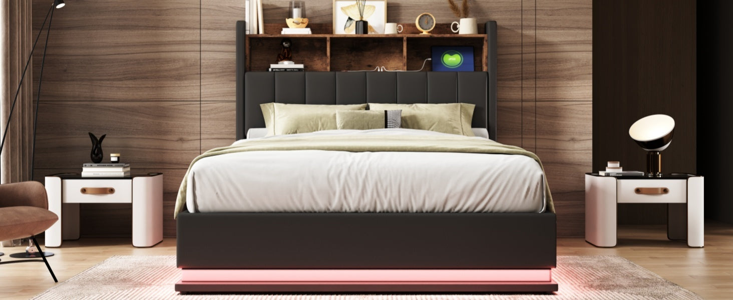 Full Size  Upholstered Platform Bed with Storage Headboard and Hydraulic Storage System, PU Storage Bed with LED Lights and USB charger, Black - Atlantic Fine Furniture Melbourne FL