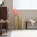 Metal Decorative Vase High Distress Metal Center Vase With 3D Triangle Pattern, (Set of 3) Vases For Home Decoration - Gold