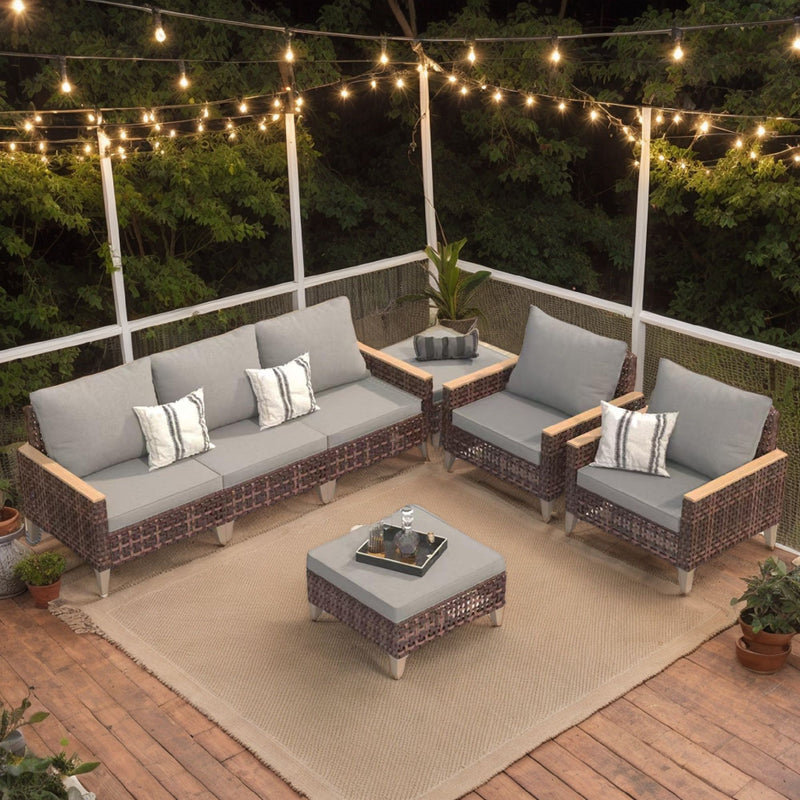 5 Piece Rattan Terrace Furniture Set, 7 Seats Cushions, High Footed Design