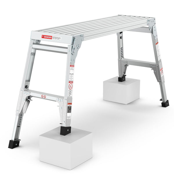 Aluminum Work Platform Large Size Step Stool Folding Portable Work Bench 40" Width Telescopic Feet Height Adjustable - Gray