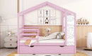 Full Size Wood House Bed with Fence and Writing Board, Pink