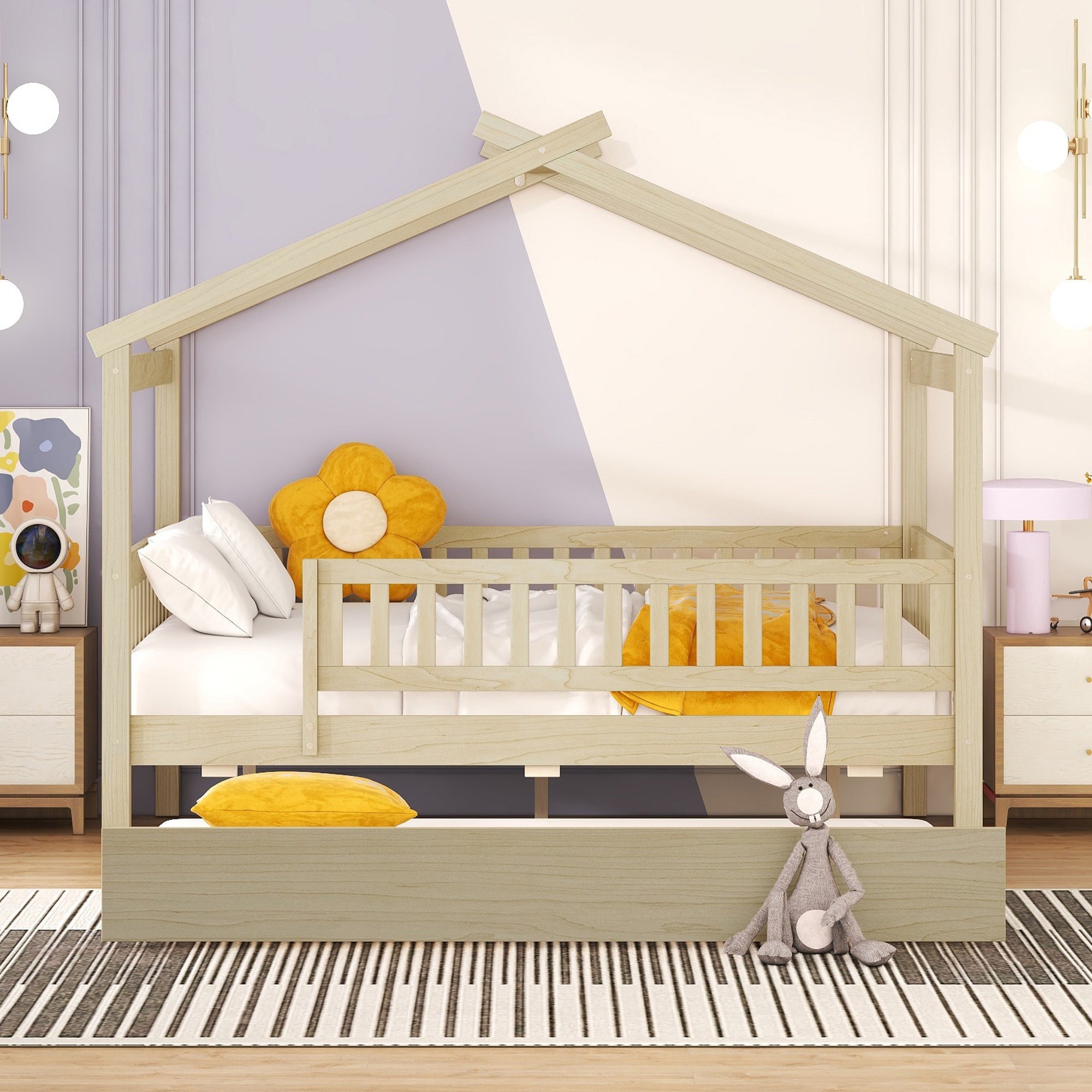 Full Size Wooden House Bed with Twin Size Trundle, Natural - Atlantic Fine Furniture Melbourne FL