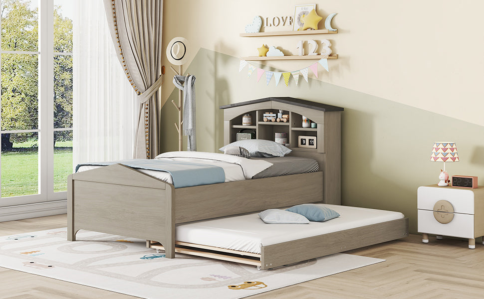 Twin Size Wood Platform Bed with House-shaped Storage Headboard and Trundle, Gray - Atlantic Fine Furniture Melbourne FL