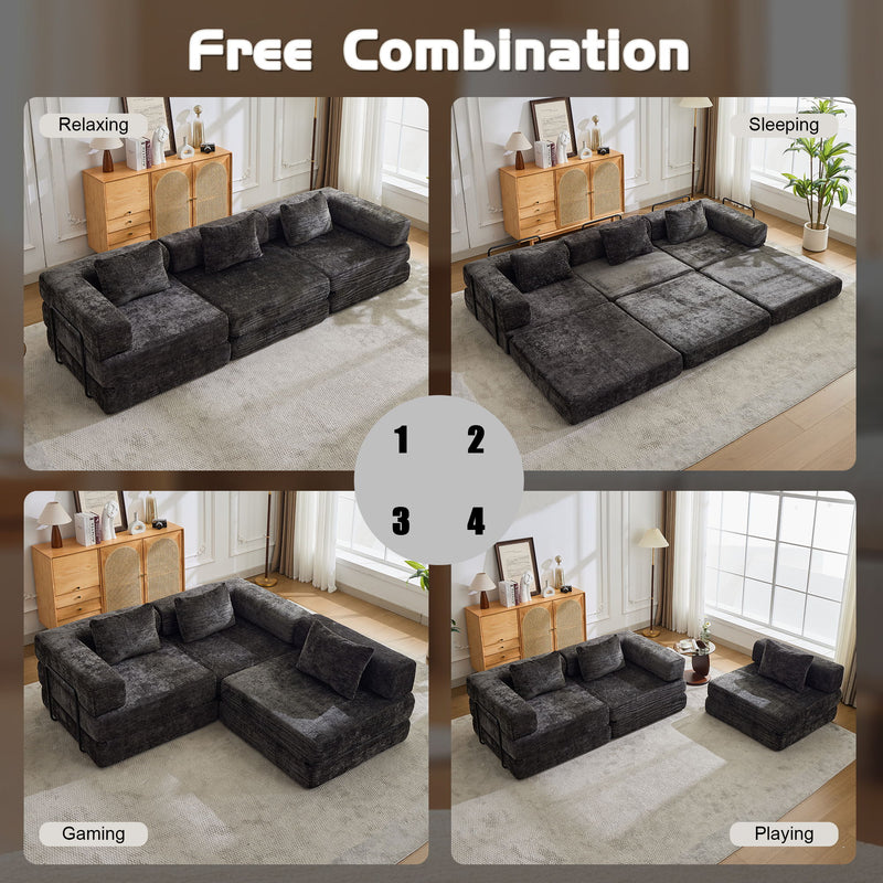 Convertible Floor Sofa Bed With Fixed Shape Frame, Boneless Modular Sectional Sofa, For Living Room - Black
