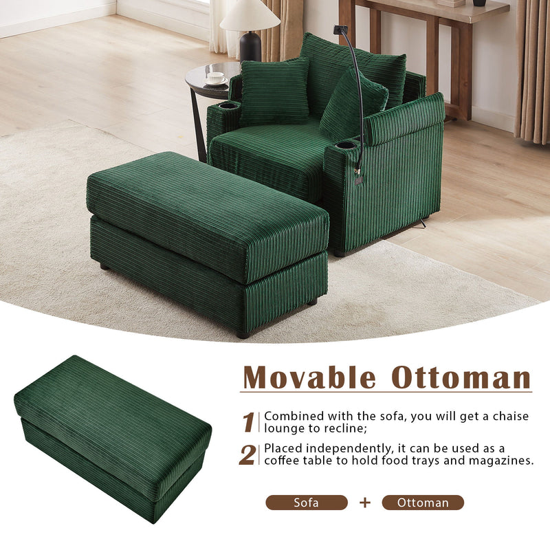 Modern Style Loveseat Sofa Sectional Sofa Couch With Storage Space, A Movable Ottoman, Two USB Ports, Two Cup Holders, A Phone Holder For Living Room