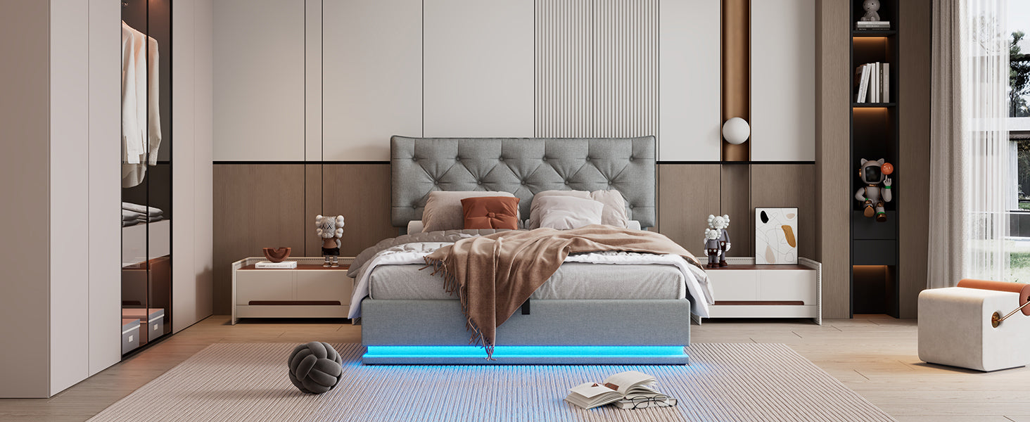 Queen Size Upholstered Bed with Hydraulic Storage System and LED Light, Modern Platform Bed with Button-tufted Design Headboard, Gray - Atlantic Fine Furniture Melbourne FL