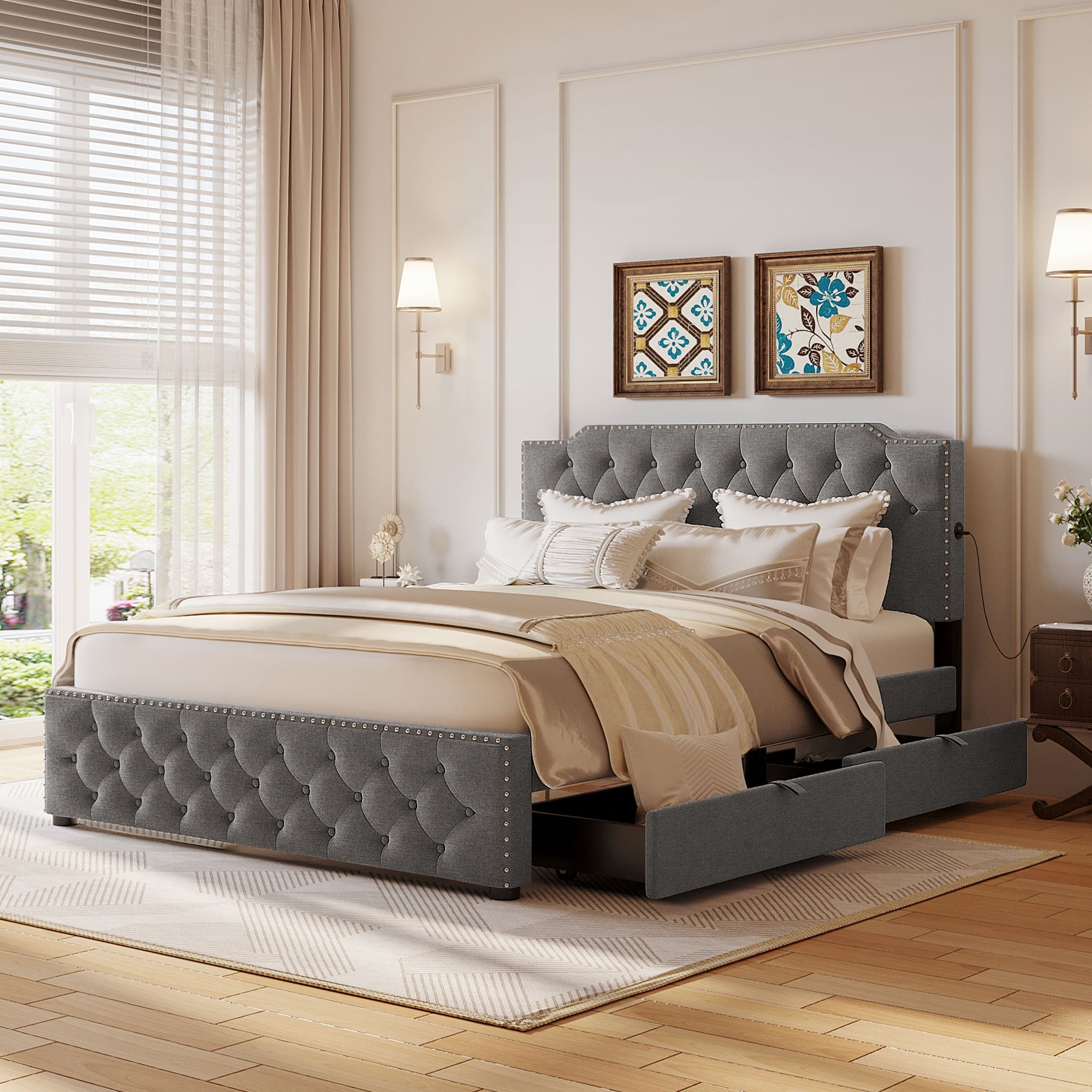 Queen Size Upholstered Platform Bed with 2 Drawers and 2 sets of USB Ports on each side, Linen Fabric, Gray - Atlantic Fine Furniture Melbourne FL