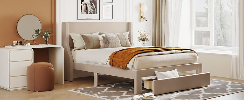 Queen Size Storage Bed Velvet Upholstered Platform Bed with a Big Drawer - Beige
