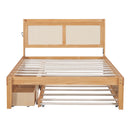 Full Size Elegant Bed Frame with Rattan Headboard and Sockets ,Walnut