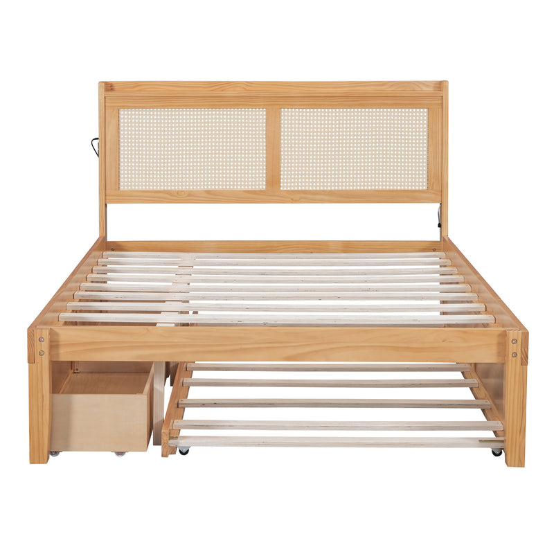Full Size Elegant Bed Frame with Rattan Headboard and Sockets ,Walnut