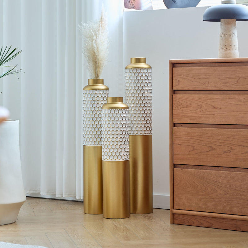 Modern Droplet Shaped Floor Vase Set Honeycomb Design, 3 Piece Metal Decorative Vases For Home Interior Display - Gold / White