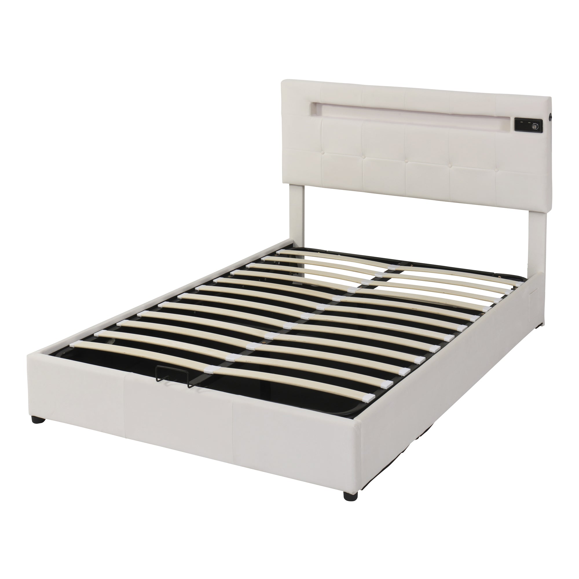 Queen Size Upholstered Bed with LED Light and Integrated Bluetooth Audio System, Modern Platform Bed with Hydraulic Storage System and USB Port, Velvet , Beige - Atlantic Fine Furniture Melbourne FL