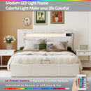 Full Size Upholstered Bed with LED Light and Integrated Bluetooth Audio System, Modern Platform Bed with Hydraulic Storage System and USB Port, Velvet , Beige