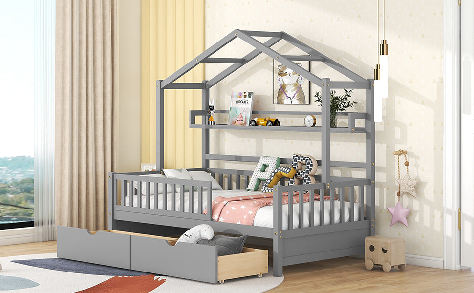 Wooden Twin Size House Bed with 2 Drawers,Kids Bed with Storage Shelf, Gray - Atlantic Fine Furniture Melbourne FL