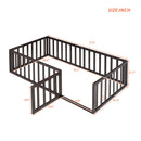 Twin Size Floor Bed Frame With Fence And Door - Walnut