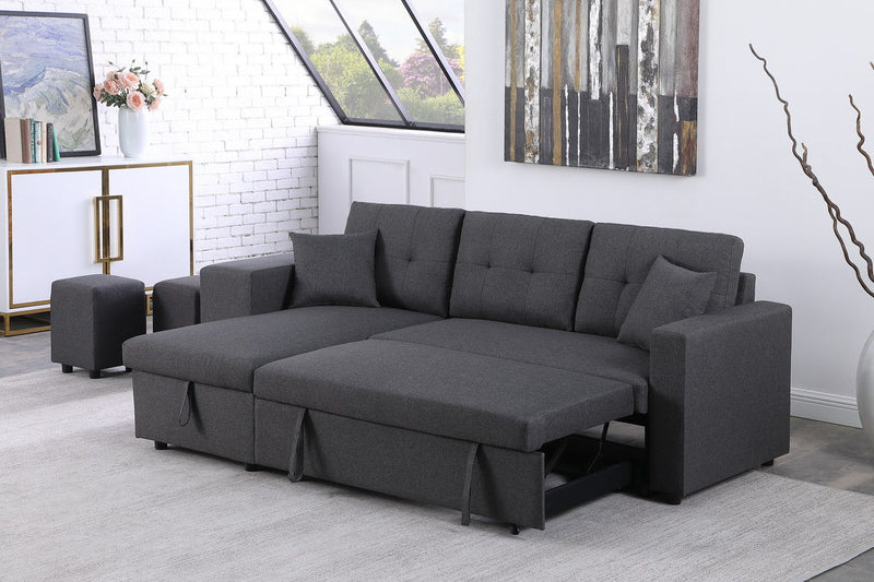 Dennis - Linen Fabric Reversible Sleeper Sectional With Storage Chaise And 2 Stools