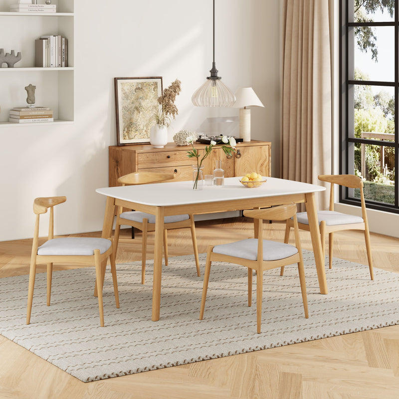 5 Piece Dining Set, Table And 4 Upholstered Chairs - Beige / White / Oak