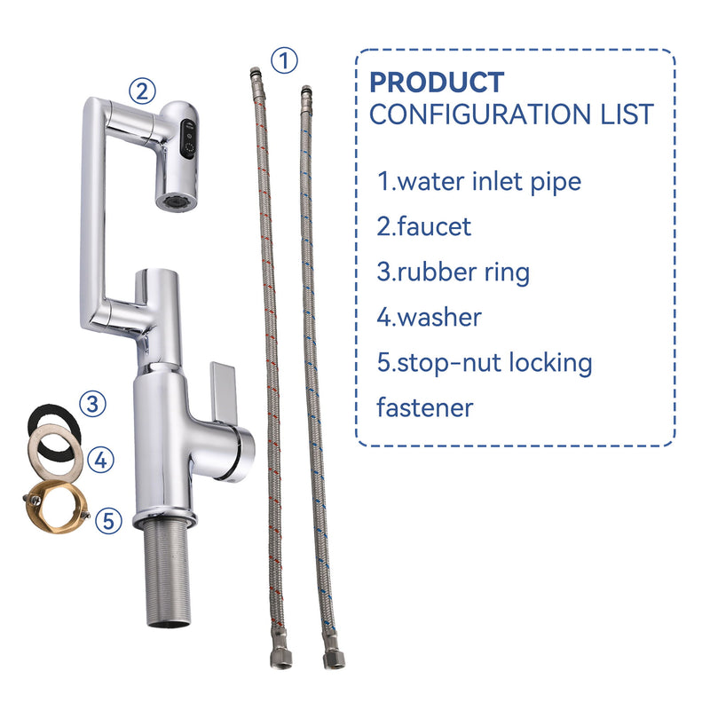 Bathroom Sink Faucet With Spray Function And Temperature Display, Anti Skid Switch, 360 Degree Rotary, Brass Material - Chrome