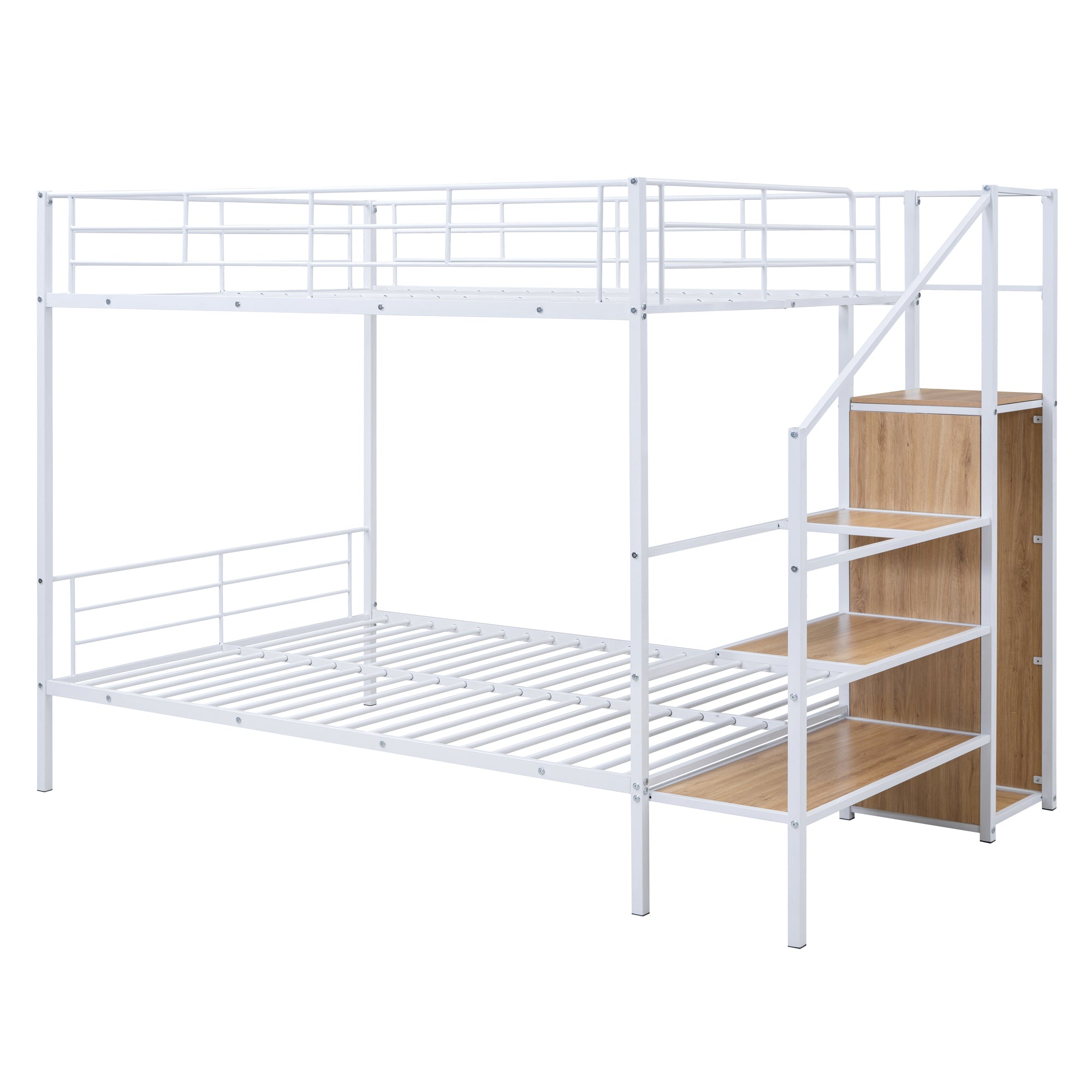 Full Over Full Metal Bunk Bed with Lateral Storage Ladder and Wardrobe, White - Atlantic Fine Furniture Melbourne FL
