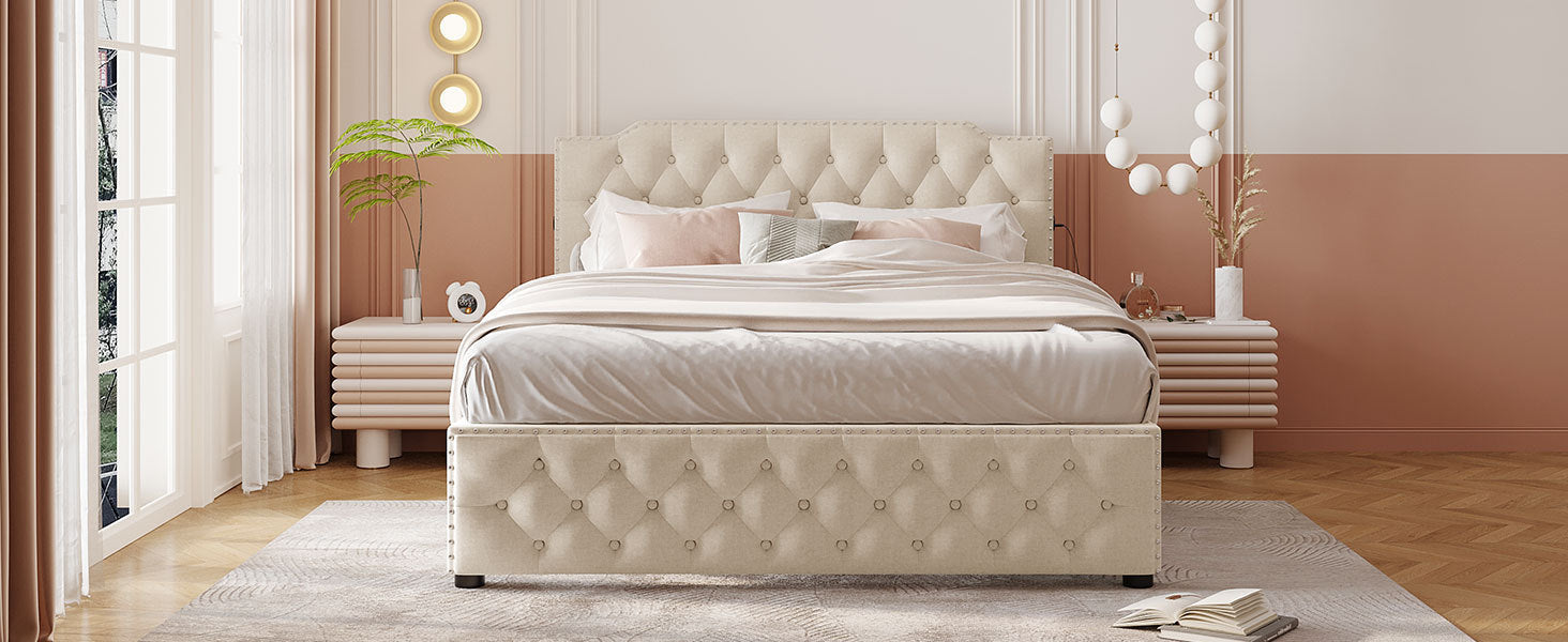 Queen Size Upholstered Platform Bed with 2 Drawers and 2 sets of USB Ports on each side, Linen Fabric, Beige - Atlantic Fine Furniture Melbourne FL