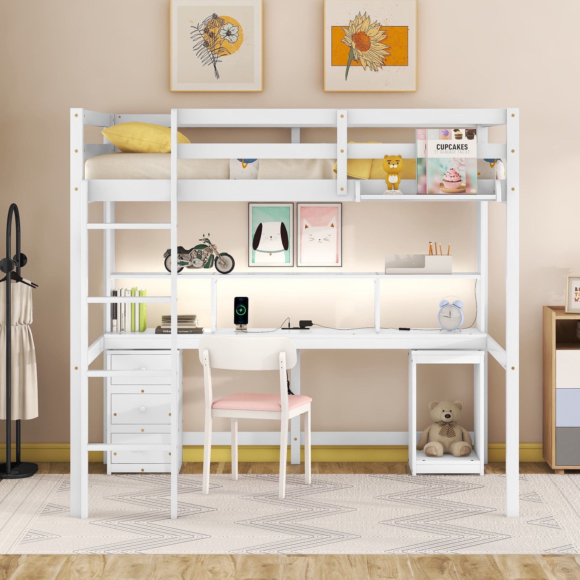 Full Size Loft Bed with Multi-storage Desk, LED light and Bedside Tray, Charging Station, White - Atlantic Fine Furniture Melbourne FL