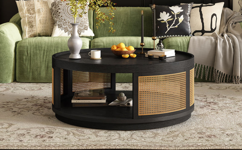 Round Cane Coffee Table With Rattan Side