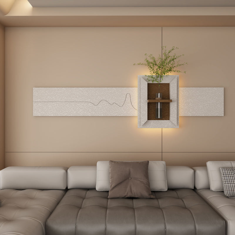 3D LED Sandstone Wall Decor With Simulated Plants, Glass Vase & Remote Control - Light Coffee