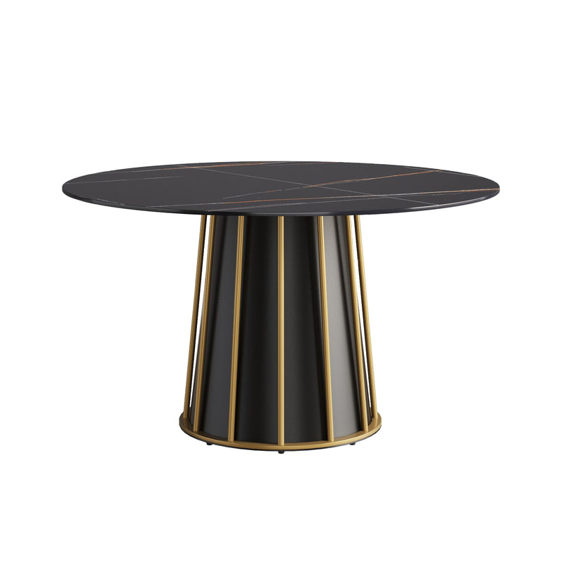 Modern Artificial Stone Round Metal Iron Base Dining Table, Can Accommodate 6 People (Not Including Chairs.) - Black