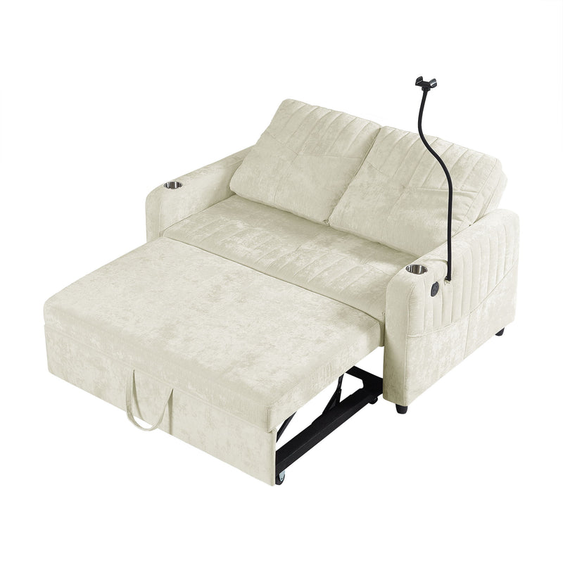 Modern Loveseat Pull Out Sofa Bed With Adjustable Backrest, Two Cup Holders, A Phone Holder, Three Charging Ports And Side Storage Pockets For Living Room