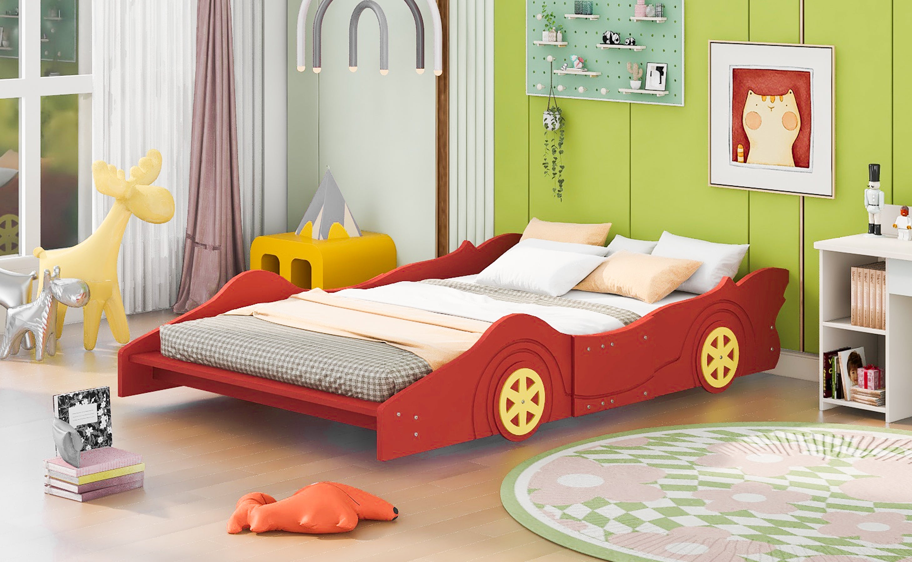 Full Size Race Car-Shaped Platform Bed with Wheels,Red - Atlantic Fine Furniture Melbourne FL