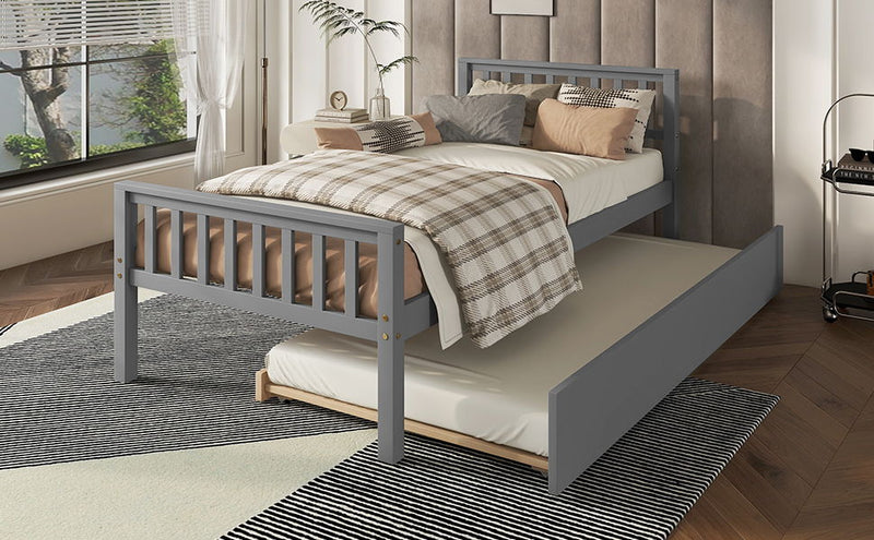 Twin Bed With Trundle, Platform Bed Frame With Headboard And Footboard, For Bedroom Small Living Space, No Box Spring Needed