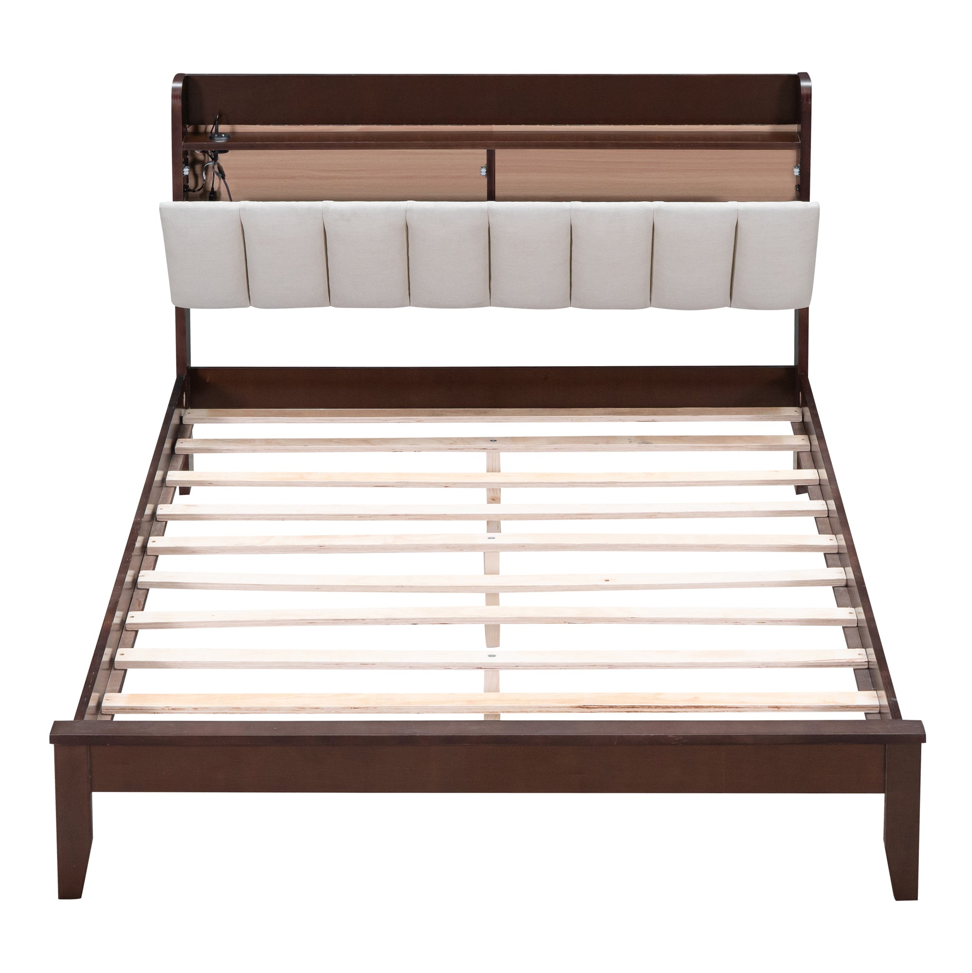 Full size Platform Bed with USB Charging Station and Storage Upholstered Headboard,LED Bed Frame,No Box Spring Needed,Walnut+Beige - Atlantic Fine Furniture Melbourne FL