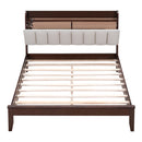 Full size Platform Bed with USB Charging Station and Storage Upholstered Headboard,LED Bed Frame,No Box Spring Needed,Walnut+Beige