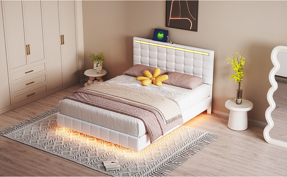 Queen Size Floating Bed Frame with LED Lights and USB Charging,Modern Upholstered Platform LED Bed Frame,White - Atlantic Fine Furniture Melbourne FL
