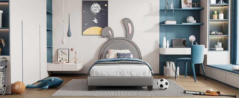 Upholstered Leather Platform Bed With Rabbit Ornament