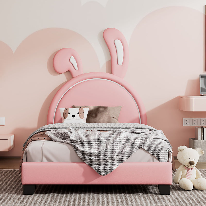 Upholstered Leather Platform Bed With Rabbit Ornament