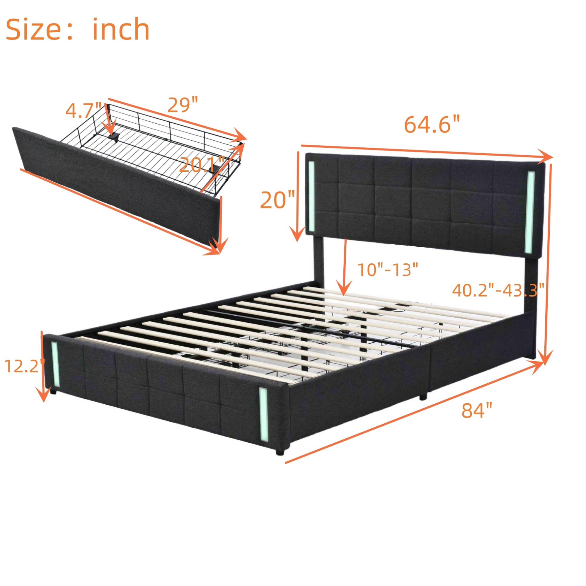 Queen Size Upholstered Platform Bed with LED Lights and USB Charging, Storage Bed with 4 Drawers, Gray(Linen) - Atlantic Fine Furniture Melbourne FL