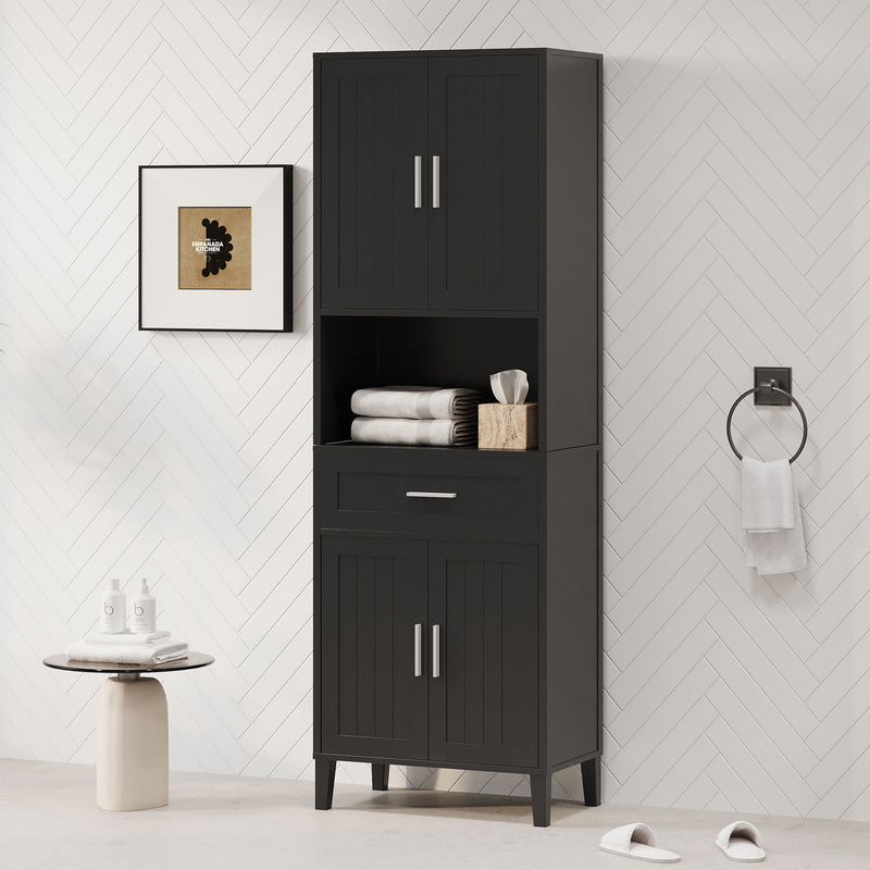 Freestanding Tall Bathroom Cabinet With Soft Close Doors And Adjustable Shelves - Black