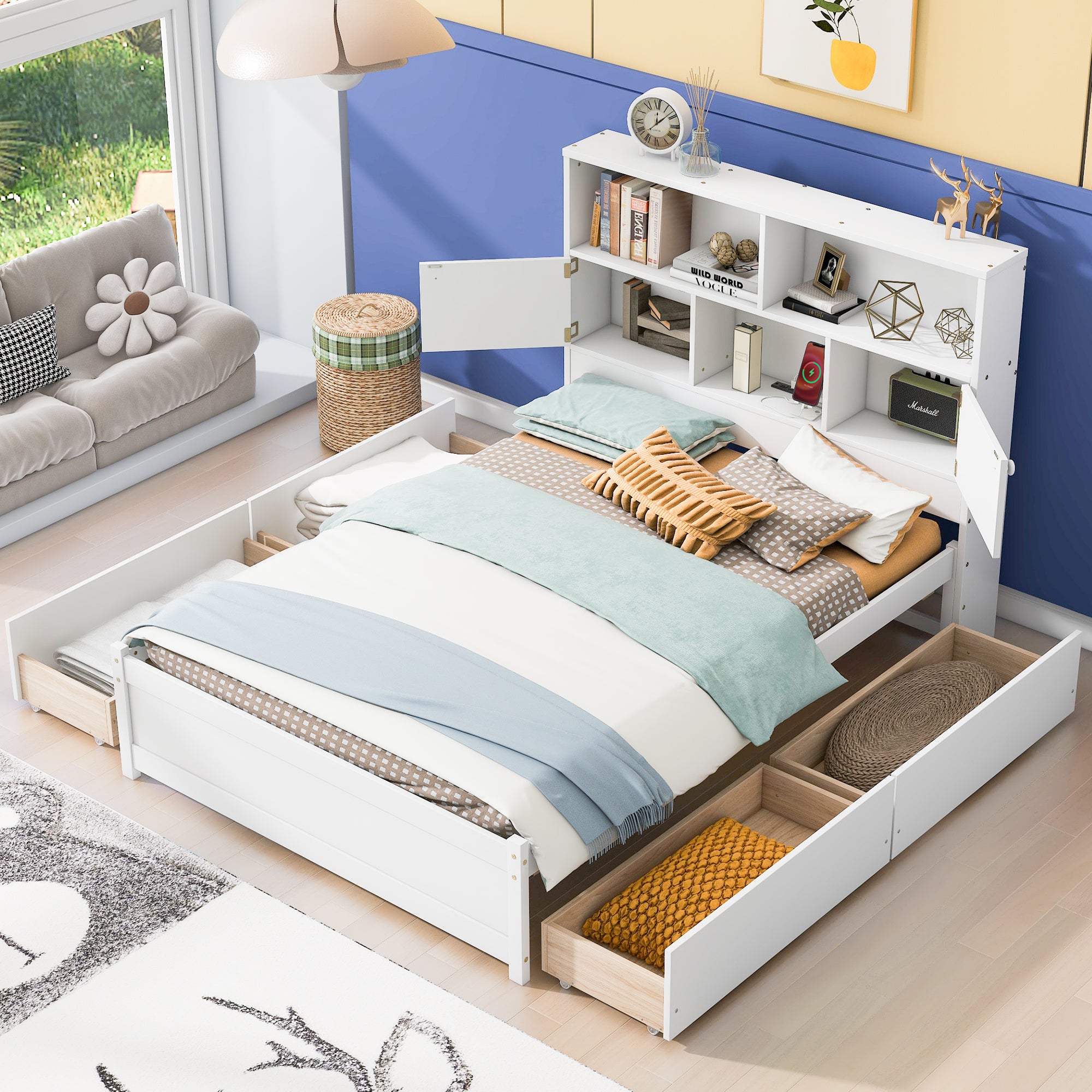 Full Size Platform Bed with Storage Headboard, Charging Station and 4 Drawers, White - Atlantic Fine Furniture Melbourne FL