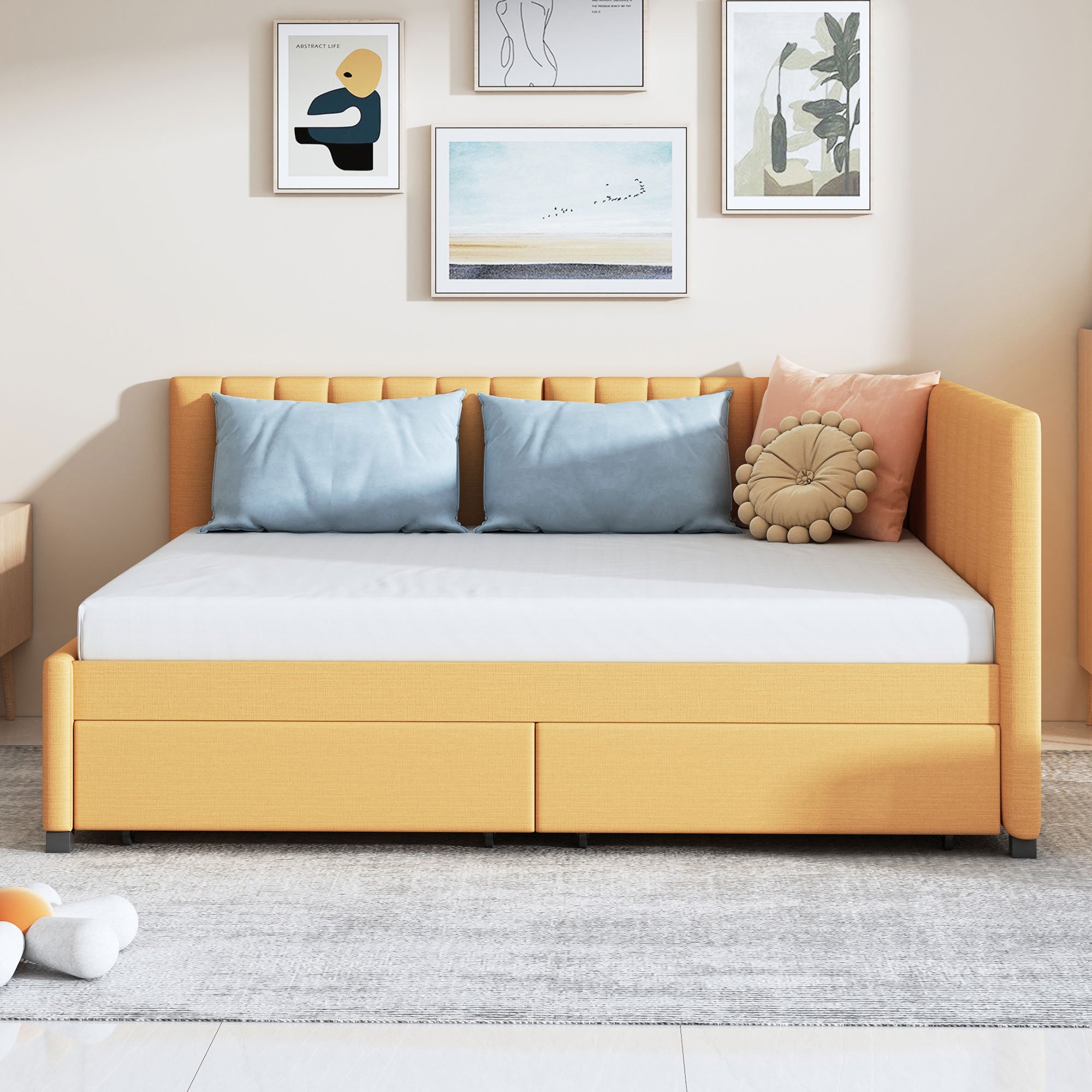 Full Size Upholstered Daybed with 2 Storage Drawers Sofa Bed Frame No Box Spring Needed, Linen Fabric (Yellow) - Atlantic Fine Furniture Melbourne FL