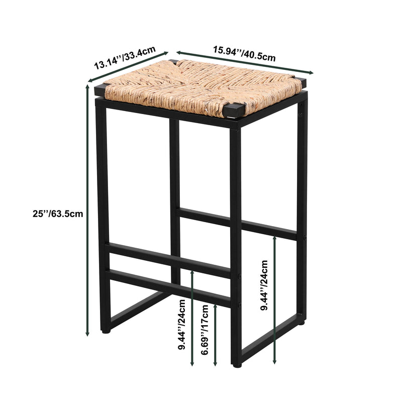 (Set of 2) Backless Water Hyacinth Woven Bar Stools With Footrest, Natural Finish, Metal Frame, 25" Height
