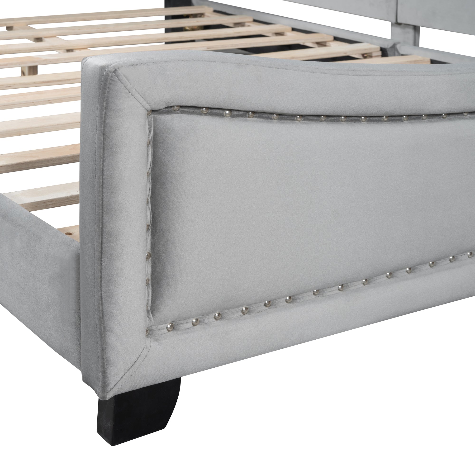 Full Size Upholstered Daybed with Cloud Shaped Headboard, Embedded Elegant Copper Nail Design, Gray - Atlantic Fine Furniture Melbourne FL